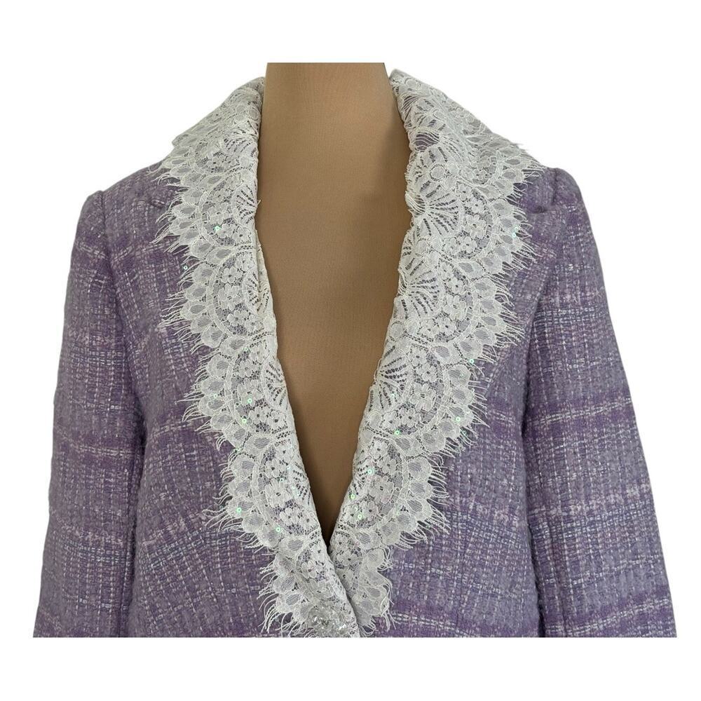 MARIE ELIE Lavender Tweed Wool Lace Trim Designer Blazer Metallic Jacket Sz L - Picture 4 of 12